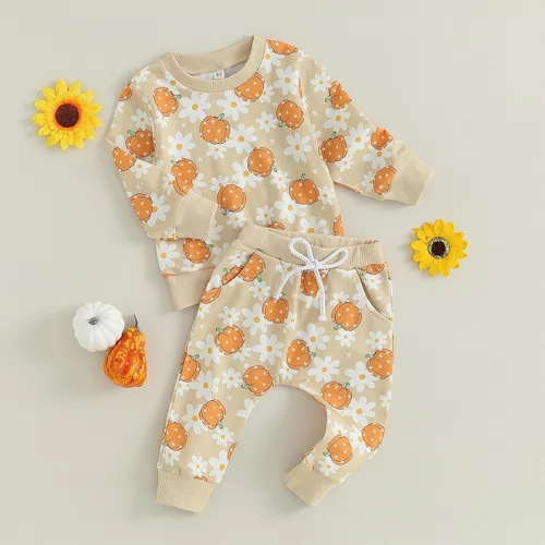 Vista 3 de Kayotuas Conjunto de camisa y pantalones de manga larga con cuello redondo para bebé, disfraz de calabaza, fantasma, calabaza, fantasma, camiseta