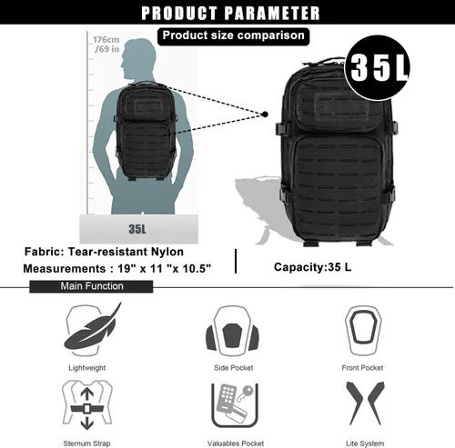Vista 7 de Mochila táctica militar Miramrax para hombres 35L, pequeña, sistema Molle, resistente al agua, mochila de asalto de 3 días para bolsa de evacuación