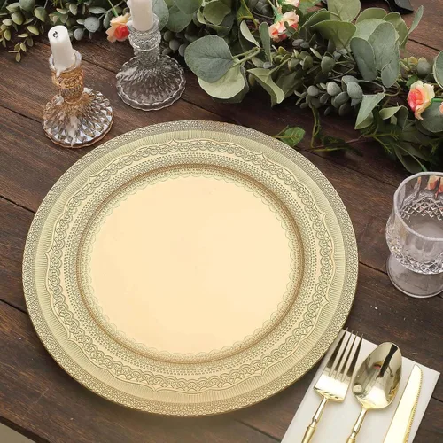 Vista 8 de Efavormart - Paquete de 6 platos de carga de plástico acrílico con relieve de encaje rústico dorado de 13 pulgadas