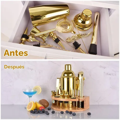 Vista 3 de Kit de Barman con elegante soporte de bambú, juego de coctelera de 12 piezas de 25 onzas para bebidas mixtas, juego de herramientas profesionales
