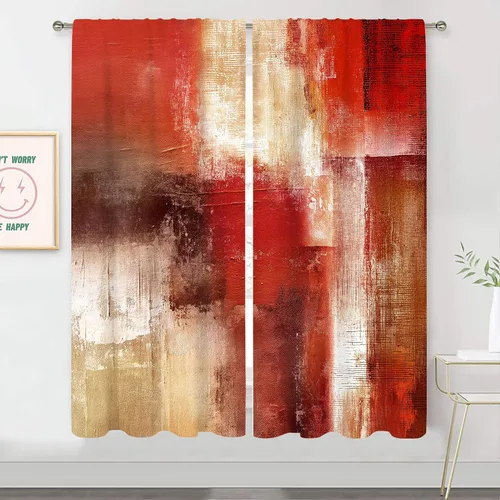 Vista 2 de MESHELLY Cortinas Rojas Abstractas 42Wx63H Pulgadas Bolsillo para Varilla Bloques Rústicos Borgoña Marrón Pintura al Óleo Casa de Campo Dormitorio