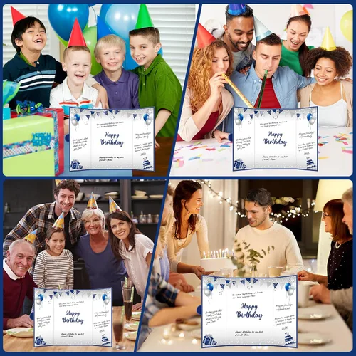 Vista 5 de Tarjeta decorativa grande de cumpleaños azul plateado para hombres y niños, libro de firmas, tarjetas gigantes, suministros de fiesta, libro