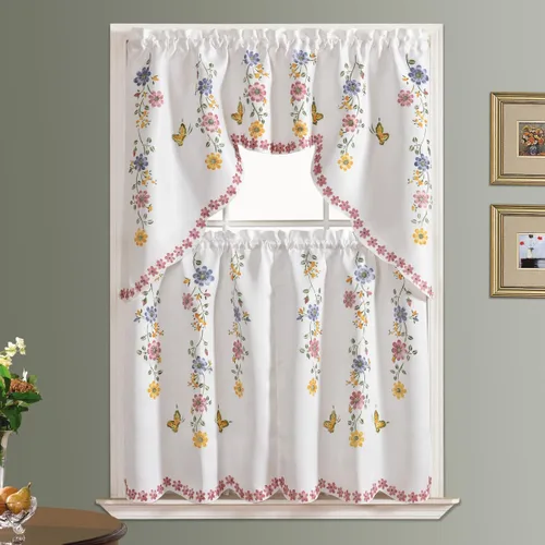 Vista 3 de GOHD - Juego de 3 cortinas de cocina estilo casa de campo, cepilladas al aire a mano de flores y mariposas en tela de satén gruesa
