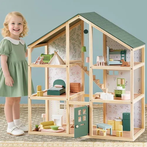 Vista 11 de Tiny Land Casa de muñecas de madera para niñas, casa de muñecas de madera de 6 habitaciones, casa de muñecas de bricolaje con 31 accesorios de Rosa