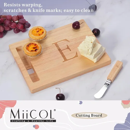 Vista 4 de Miicol Tabla de madera para charcutería, tabla de queso con monograma de 10 pulgadas, tabla de cortar inicial personalizada con esparcidor, regalo