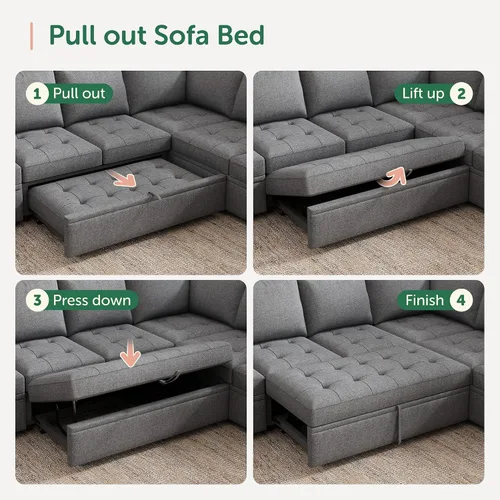 Vista 4 de HONBAY - Sofá seccional modular con cama desplegable, sofá convertible de lino en forma de L con asiento de almacenamiento, sofás seccionales