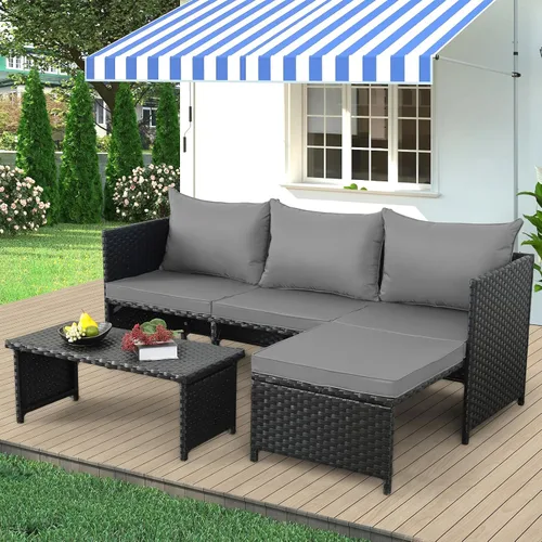 Vista 3 de Valita Juego de muebles de ratán PE para exteriores, 3 piezas, para patio, sofá biplaza de conversación de mimbre negro, sofá seccional, cojín gris