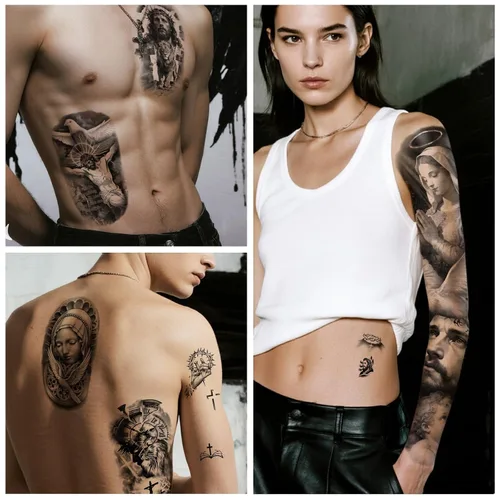 Vista 7 de Yazhiji 48 hojas de tatuajes temporales cristianos de brazo completo para adultos, tatuajes falsos de medio brazo religiosos de Jesús Cristo, cruz