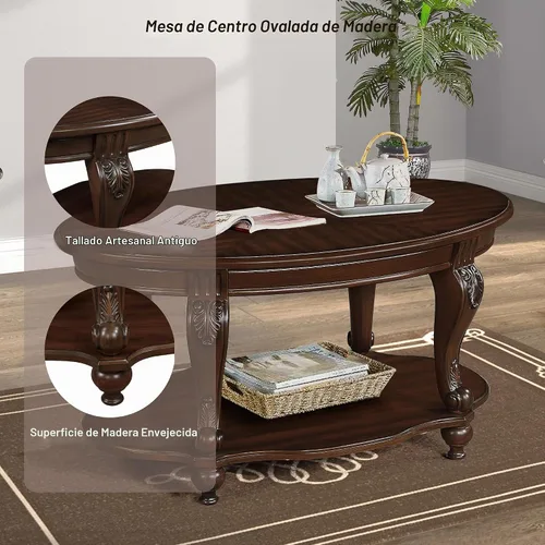 Vista 4 de Mesa de café ovalada de madera para sala de estar, mesa de café de dos niveles de madera maciza con estante de almacenamiento abierto, mesa