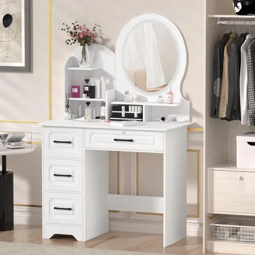 Vista 9 de Escritorio de tocador con espejo LED, 3 modos de iluminación de brillo ajustable, espejo de maquillaje con 4 cajones, tocador para dormitorio