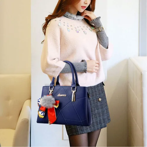 Vista 3 de XingChen Bolsos de cuero para mujer, bolso de hombro con asa superior, con pompón y lazo