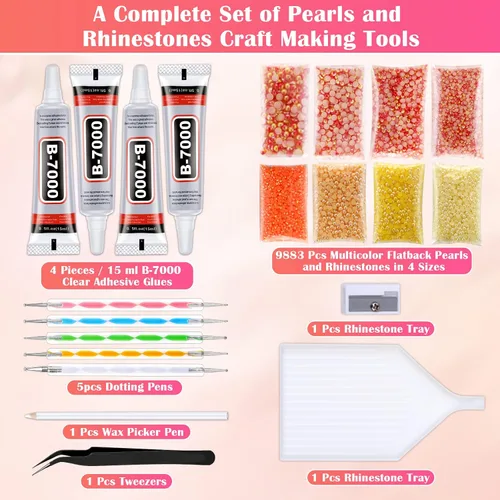 Vista 2 de 10000 perlas para uñas de diamantes de imitación para uñas con 4 piezas de pegamento B7000 de 0.5 fl oz, perlas para manualidades, 4