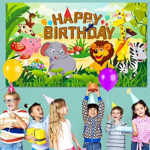 Vista 8 de HOWAF Cartel de tela de feliz cumpleaños para decoración de fiestas temáticas de animales de la selva, decoración de fondo de pared para niños