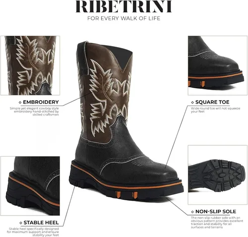 Vista 5 de RIBETRINI Botas vaqueras bordadas para hombre, botas vaqueras duraderas con punta cuadrada, tacón grueso, plataforma de piel sintética, botas