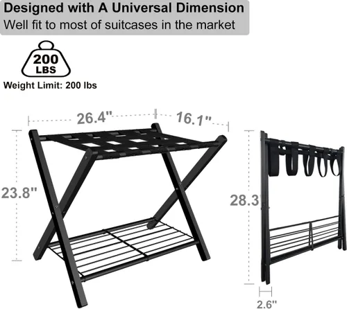 Vista 6 de Portaequipajes plegable para habitación de invitados, soporte plegable de metal para maleta con estante de metal para dormitorio, negro, paquete de 1
