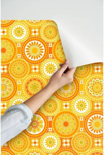 Vista 3 de Papel tapiz para despegar y pegar, azulejos circulares, flores amarillas, retro, naranja, geométrico, de los años 70, 60, vintage, extraíble, por
