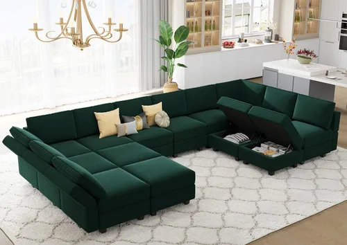 Vista 3 de Belffin Sofá modular modular de gran tamaño con tumbonas dobles en forma de U, sofá seccional reversible con almacenamiento de terciopelo verde