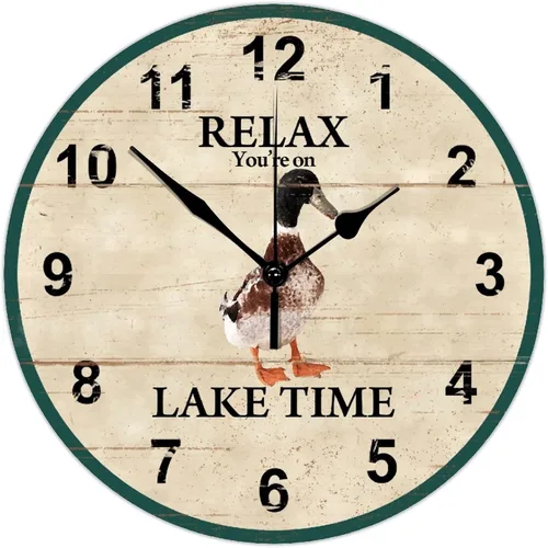 Vista 12 de Reloj de pared de madera de 10 pulgadas Relax You're on Lake Time con pato, funciona con pilas y manecillas de metal, reloj de pared