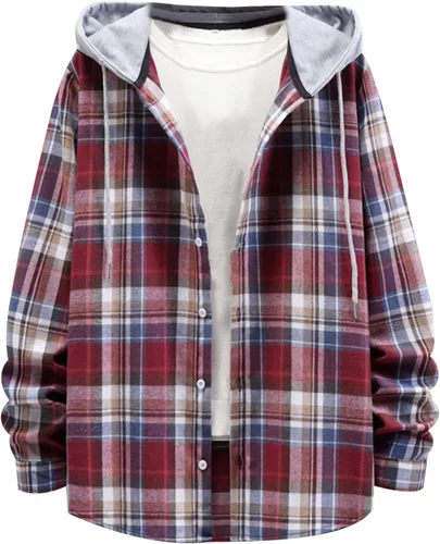 Vista 17 de Aymnlox Sudaderas con capucha para hombre, de manga larga, a cuadros, con botones, con capucha, casual, elegante, con cordón, 2024 #A01-Red