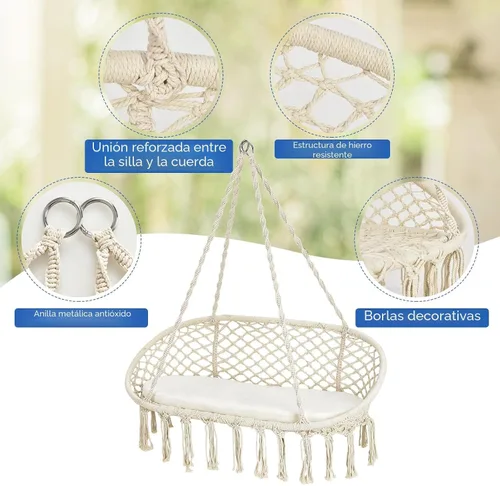 Vista 4 de Giantex Silla hamaca de 2 asientos, silla colgante de macramé con cojín, cuerdas de algodón colgantes, marco de metal, columpio