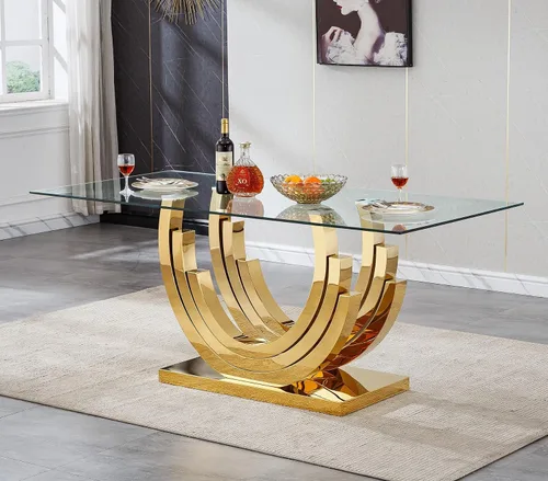 Vista 12 de Mesa de comedor de vidrio de 70 pulgadas para 4-8 personas, parte superior de vidrio templado y base de acero inoxidable en U dorada, escritorio