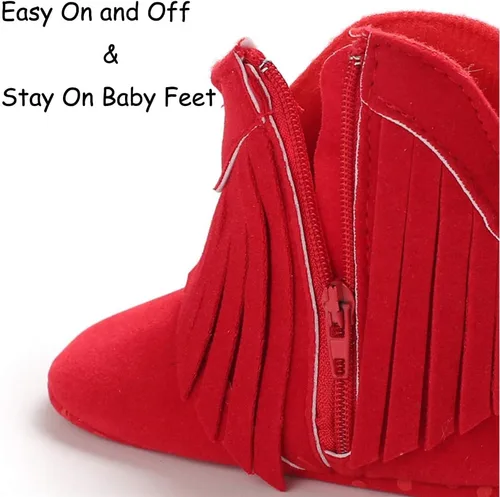 Vista 6 de Timatego Botas vaqueras con borlas para bebé, con cremallera lateral, antideslizantes, para bebés, bebés, para primer caminante, cálidos