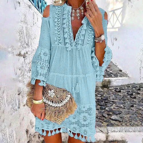 Vista 2 de Vestidos de manga 34 para mujer, vestido de encaje con hombros descubiertos, vestido casual con cuello en V, vestidos de retazos de talla grande
