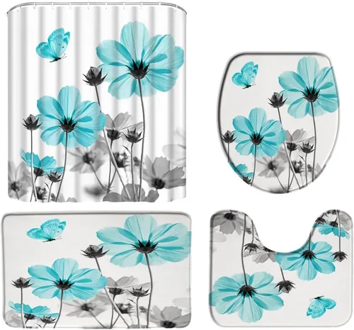 Vista 8 de Cortina de ducha floral azul y gris, planta rústica, retro, margarita, abstracta, elegante, natrue de tela con ganchos