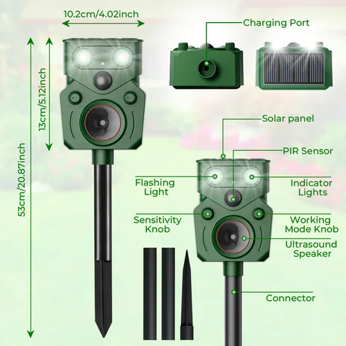 Vista 5 de Repelente solar ultrasónico de animales al aire libre – Activado por movimiento, IP65 impermeable, diseñado para desalentar a los animales