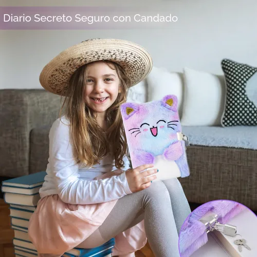 Vista 2 de PJDRLLC Diario de gato con cerradura, regalo para niñas de 6, 7 y 8 años, diario secreto con monedero, bolígrafo multicolor, nota post-it