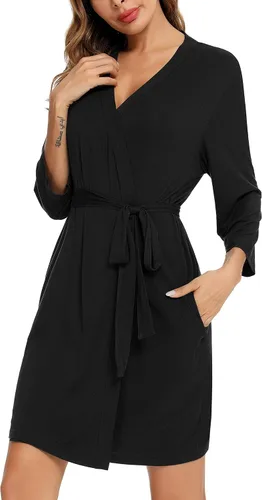 Vista 2 de Samring Bata para mujer, kimono, suave bambú, ropa de dormir, bata de baño de punto corto para mujer, tallas S-XXL
