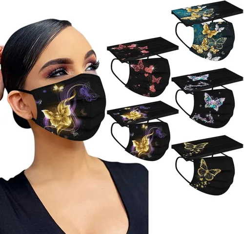 Vista 7 de 50 cubrebocas desechables de mariposa para mujeres, 3 capas para adultos, máscara de mariposa negra con diseño floral, máscara facial a la moda