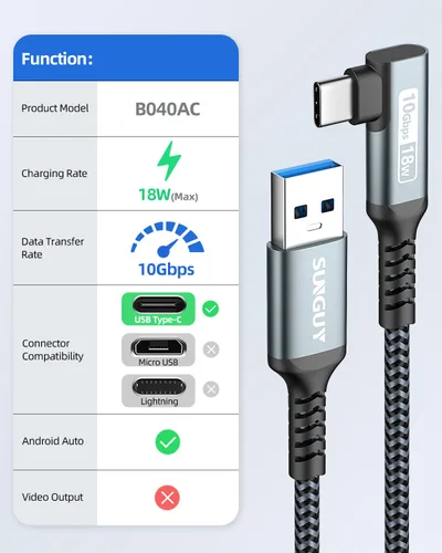 Vista 2 de Cable CarPlay 0.24 m, Cable de Transferencia de Datos de Alta Velocidad USB A a C 3.1 Gen 2 de 10 Gbps Ángulo Recto, Compatible con Android Auto