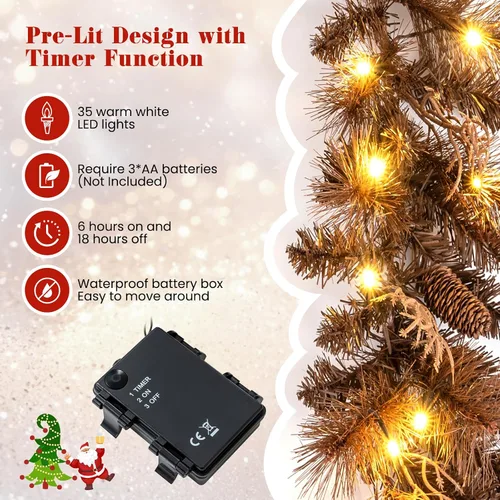 Vista 3 de Goplus - Guirnalda de Navidad preiluminada de 2,7 m, guirnalda artificial con luces, funciona con baterías, con 140 PVC y agujas de pino, conos