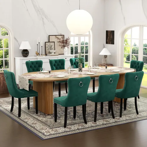 Vista 32 de Juego de mesa de comedor ovalada extensible con 4 sillas tapizadas de terciopelo de alta gama, mesa de cocina de 59 a 91 pulgadas y sillas
