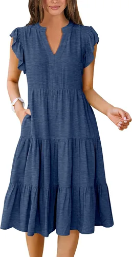 Vista 26 de ANRABESS Vestido de verano para mujer, manga con volantes, cuello en V, vestido midi a la moda, casual, holgado, escalonado, bohemio, playa