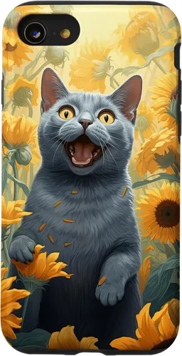 Vista 13 de iPhone 14 divertido gato ruso azul cara con girasol pintura caso