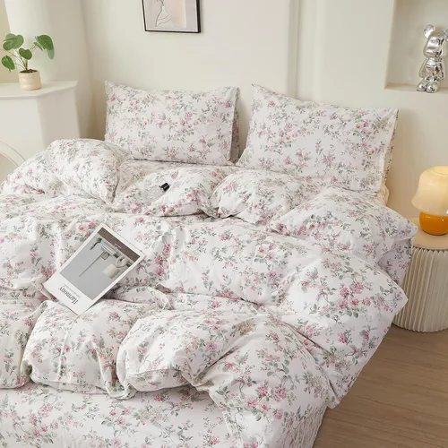 Vista 14 de EAVD Elegante funda de edredón floral pequeña, tamaño individual, suave, 100% algodón, con estampado floral pequeño, con 2 fundas de almohada