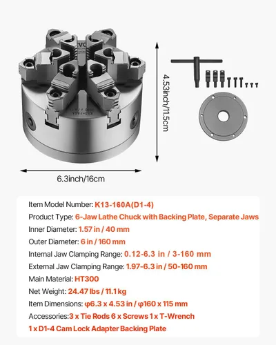 Vista 6 de VEVOR - Portabrocas para torno de 6 mandíbulas, 6 pulgadas (152 mm), portabrocas autocentrante con placa de respaldo D1-4 Cam Lock, rango
