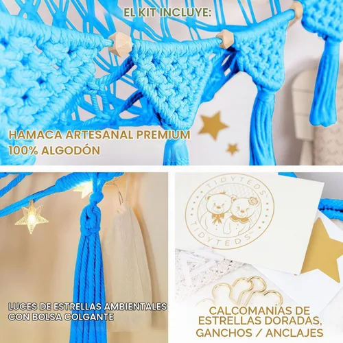 Vista 2 de TIDYTEDS Macramé DreamLights Hamaca de Red de Almacenamiento de Animales de Peluche Boho Extra Grande Soporte de Almacenamiento de Juguetes de Azul