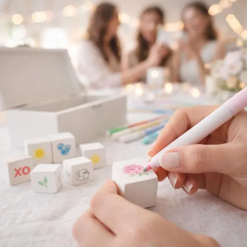 Vista 2 de Nolia Baby Shower Blocks Decorating Game – 48 White Wooden Cubes to Decorate, Storage Box, 12 Acrylic Markers & Instruction Sign