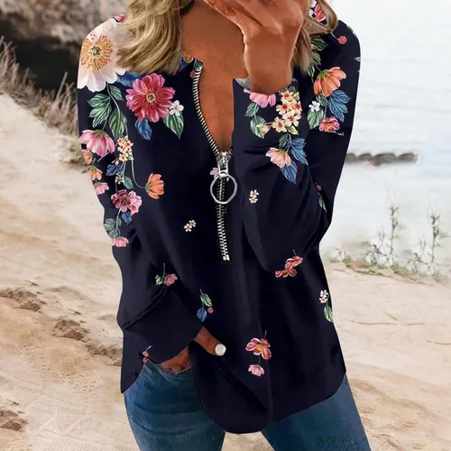 Vista 4 de Camisetas casuales de manga larga para mujer, con cuello en V, con cremallera y estampado vintage
