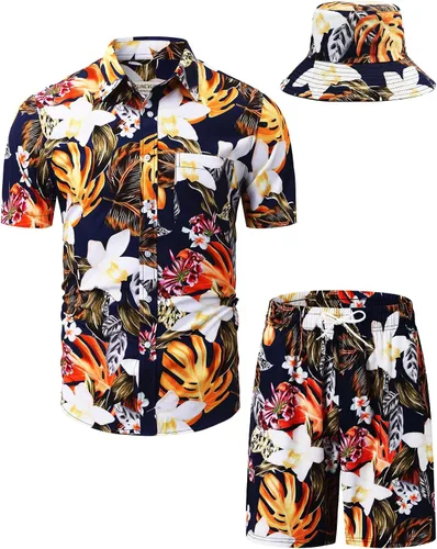 Vista 106 de TUNEVUSE Conjunto de camisas y pantalones cortos hawaianos para hombre, 2 piezas, trajes de playa con estampado de flores, traje tropical de verano