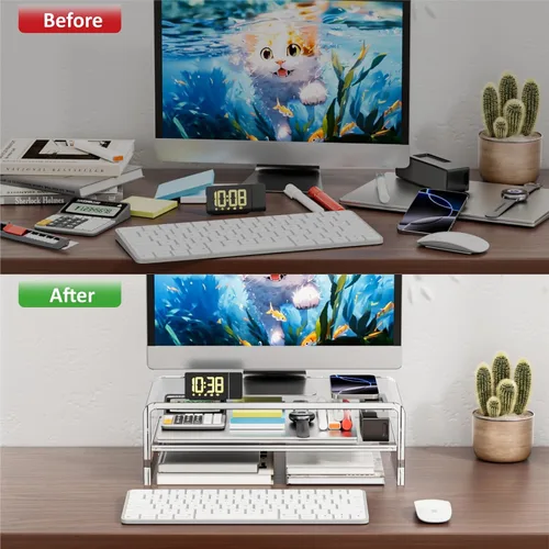 Vista 4 de Egchi Soporte Elevador de Monitor de Acrílico, Soporte Elevador de Monitor de Computadora Transparente de 2 Niveles para Oficina en Casa y Negocios