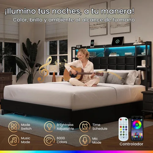 Vista 5 de LARMACE Marco de cama de madera tamaño queen con cajones de almacenamiento