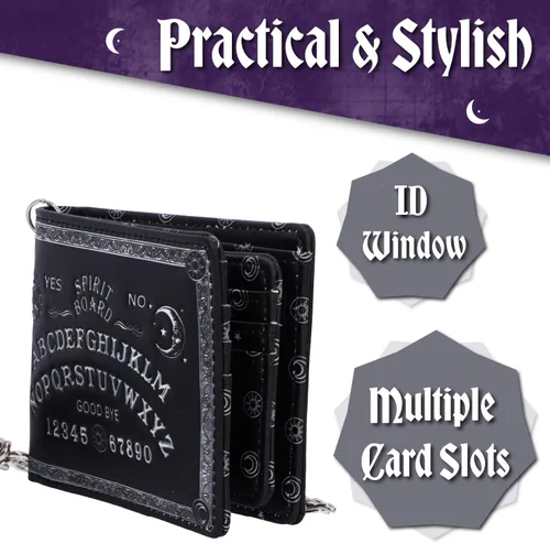 Vista 5 de Nemesls Now Spirit Board - Billetera con diseño de Ouija en relieve, detalles barrocos, temática oculta, color negro, 7.3 in