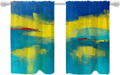 Vista 71 de Shrahala Beige and Orange Abstract Art Brushstrokes Blackout Curtain Tiers, Abstract Oil Paint Kitchen Valance Light Blocking Tier Drapes with Rod