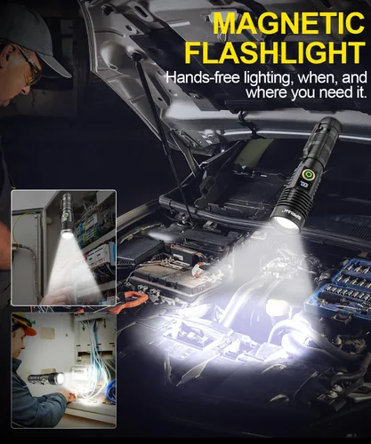 Vista 3 de Linterna recargable de alto lúmenes, luz magnética súper brillante con pantalla digital de potencia, largo alcance, regulable, impermeable, linterna