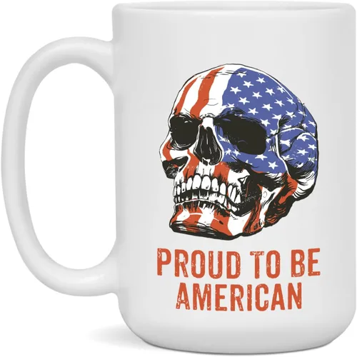 Vista 3 de Proud To Be American - Taza de café de cerámica Proud To Be American Gift – Proud To Be American Skull American Flag Taza disponible en 11 o 15 oz