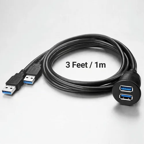 Vista 5 de Cable de extensión USB 3.0 de 2 puertos, montaje empotrado, adaptador de panel de tablero de instrumentos para automóvil, camión, barco